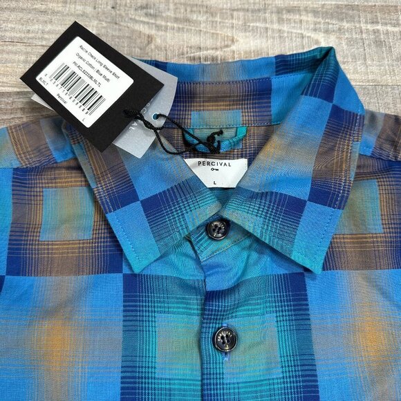 NWT Percival Razzle Check Long Sleeve Shirt Organic Cotton Blue Multi Mens Sz L - Picture 6 of 12